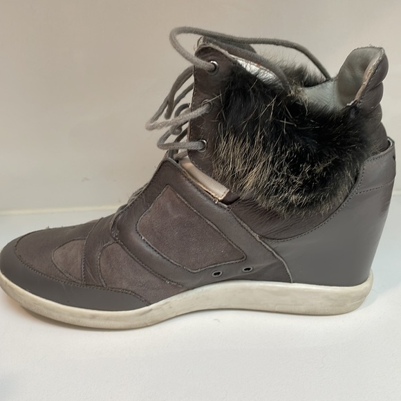 Y-3 Yohji Yamamoto Adidas Leather Wedge Sneaker US 8.5 Fur Trim Gray GUC - Picture 13 of 14